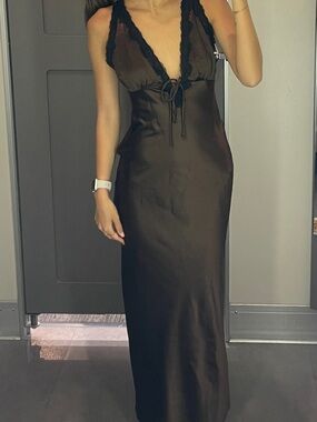 Satin V Maxi Dress with Black Lace Trim